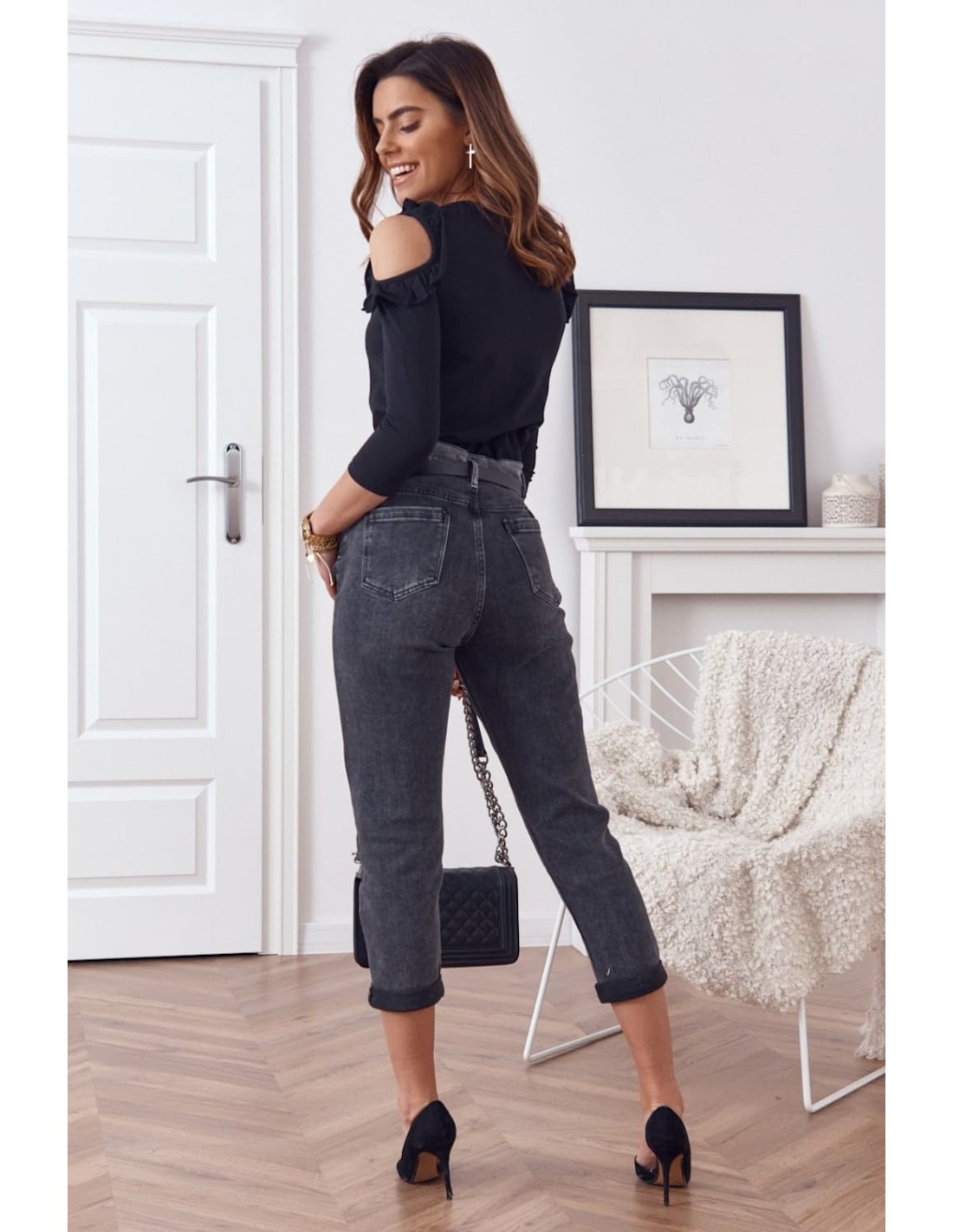 Denim pants with a mom belt, black, 0110 - Online store - Boutique